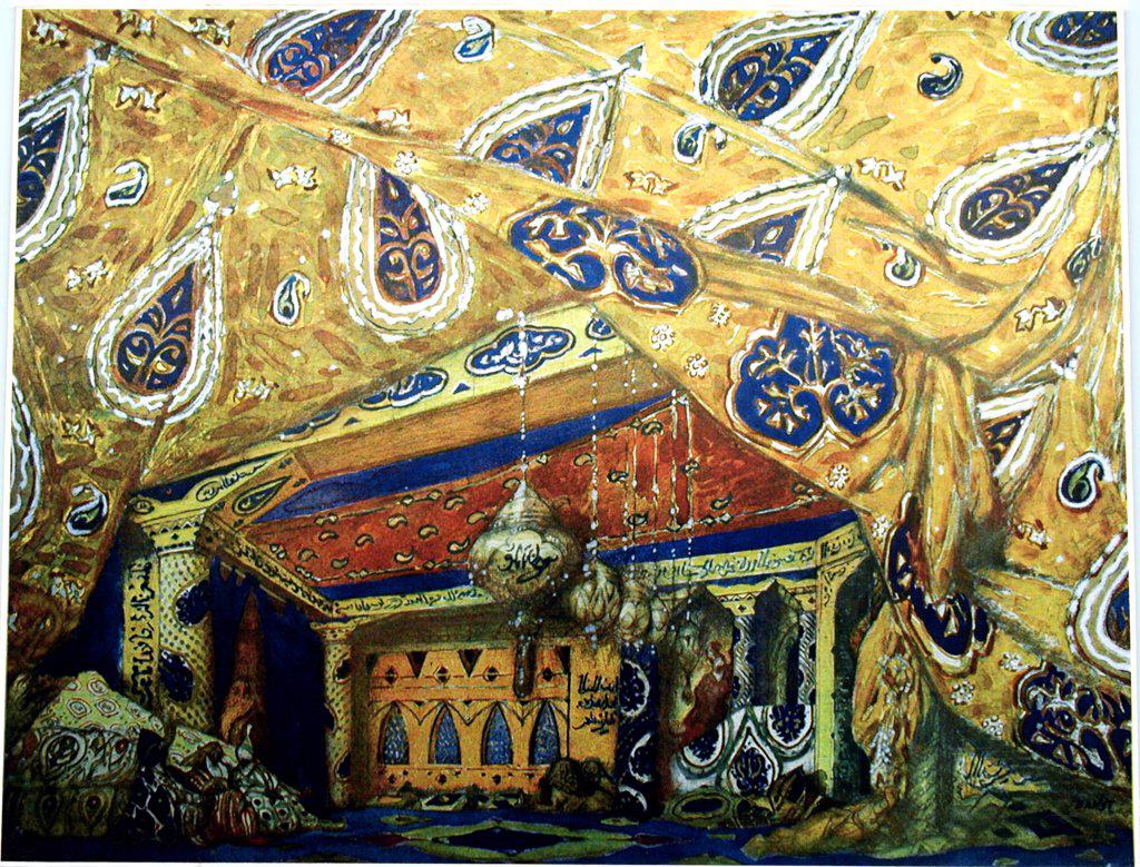 Stage design for the ballet Sheherazade by N. Rimsky-Korsakov by Bakst, Leon (1866-1924)/ Private Collection/ 1910/ Russia/ Colour lithograph/ Theatrical scenic painting/ Opera, Ballet, Theatre