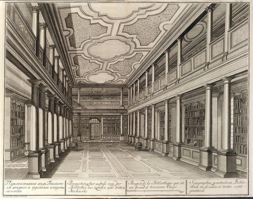 Library (From: The building of the Imperial Academy of Sciences) by Wortmann, Christian Albrecht (1680-1760)/ Museum of Fine Arts Academy, St. Petersburg/ 1741/ Germany/ Etching/ Baroque/ Architecture, Interior
