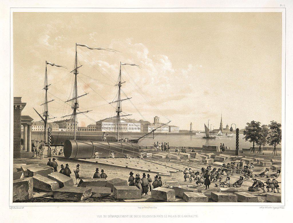 Unloading two column at the Admiralty (From: The Construction of the Saint Isaac's Cathedral) by Montferrand, Auguste, de (1786-1858)/ Private Collection/ 1845/ France/ Lithograph/ Classicism/ Landscape,Genre