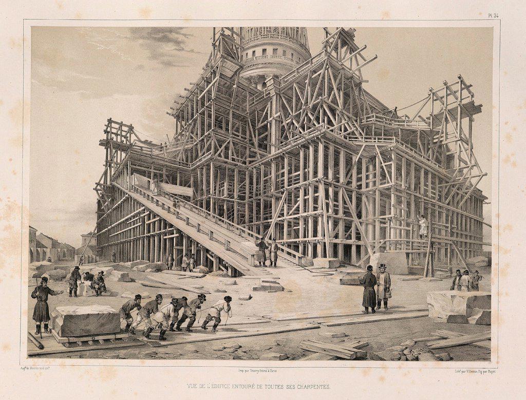 View of the Cathedral surrounded by wooden scaffolding (From: The Construction of the Saint Isaac's Cathedral) by Montferrand, Auguste, de (1786-1858)/ Private Collection/ 1845/ France/ Lithograph/ Classicism/ Architecture, Interior