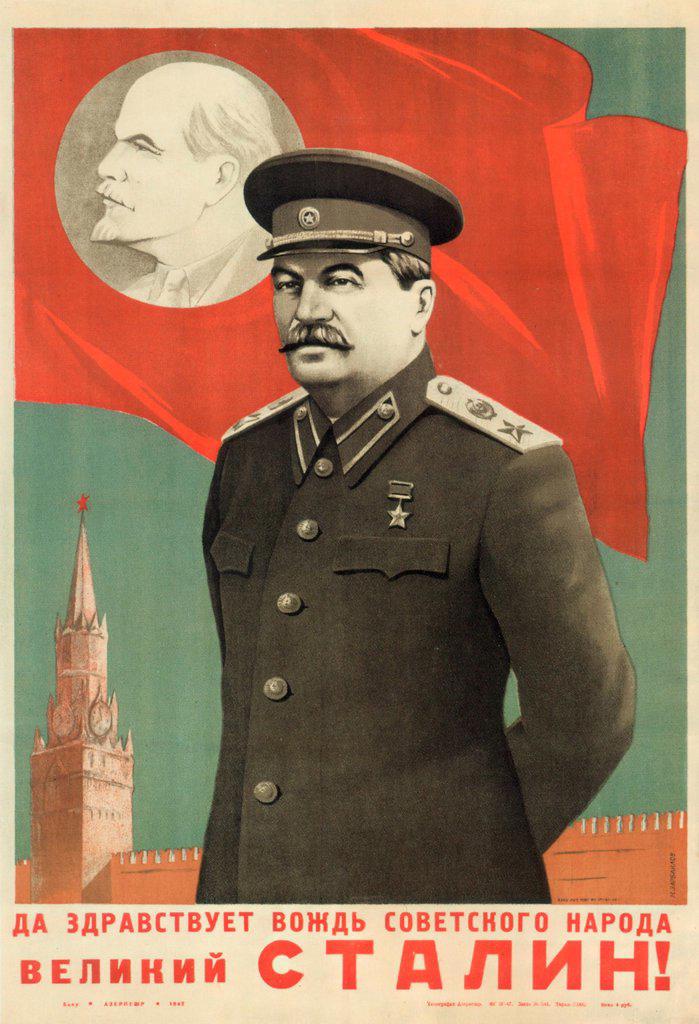 Long live Stalin, the leader of the Soviet people! by Zarbailov, M. (active First Half of 20th cen.)/ Russian State Library, Moscow/ 1947/ Russia/ Colour lithograph/ Soviet political agitation art/ 77x54,5/ History,Poster and Graphic design