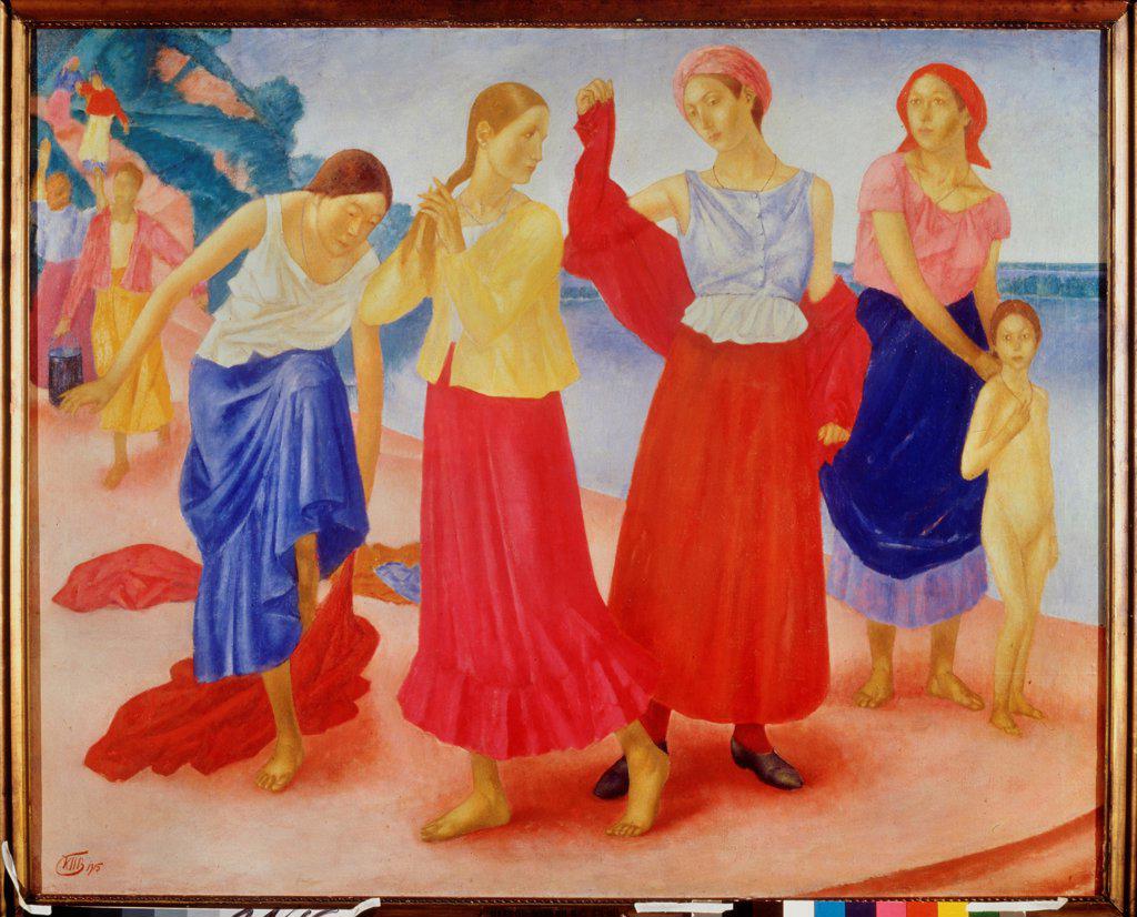 Young Women on the Volga by Petrov-Vodkin, Kuzma Sergeyevich (1878-1939)/ State Tretyakov Gallery, Moscow/ 1915/ Russia/ Oil on canvas/ Russian Painting, End of 19th - Early 20th cen./ 96x120/ Genre