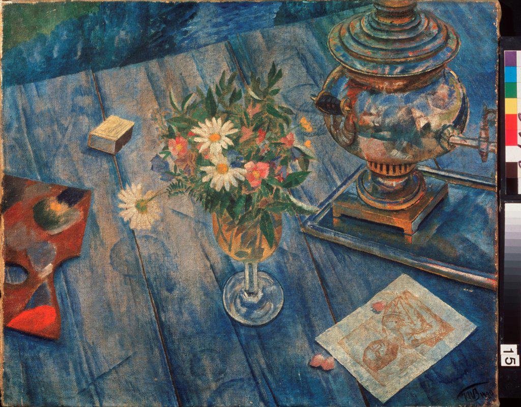 Still life with a samovar by Petrov-Vodkin, Kuzma Sergeyevich (1878-1939)/ Armenian National Gallery, Yerevan/ 1920/ Russia/ Oil on canvas/ Russian Painting, End of 19th - Early 20th cen./ 58x71/ Still Life