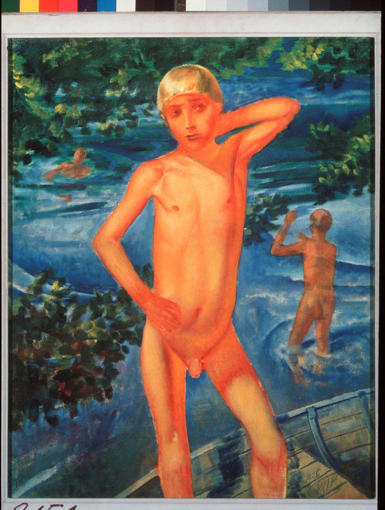 Bathing Boys by Petrov-Vodkin, Kuzma Sergeyevich (1878-1939)/ Private Collection/ 1921/ Russia/ Oil on canvas/ Russian Painting, End of 19th - Early 20th cen./ 40x47/ Genre