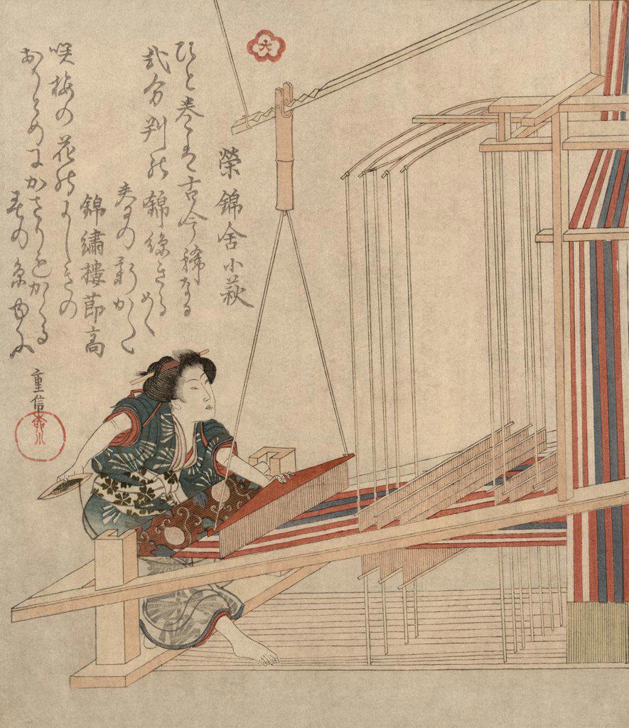 Woman working on handloom by Yanagawa Shigenobu, color woodcut, 1829, 1787-1832, Private Collection