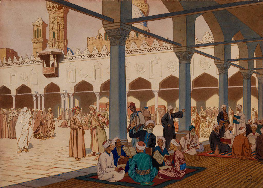Courtyard of the Al-Azhar Mosque and University, Cairo by Bilibin, Ivan Yakovlevich (1876-1942)/ Private Collection/ 1928/ Russia/ Watercolour, Gouache on cardboard/ Russian Painting, End of 19th - Early 20th cen./ 54,5x76/ Architecture, Interior,Landsca