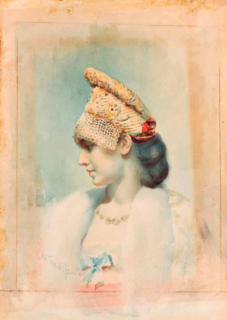 Portrait of a Girl Wearing a Kokoshnik by Bakst, Leon (1866-1924)/ Private Collection/ 1890/ Russia/ Watercolour and white colour on paper/ Art Nouveau/ 40x29/ Portrait