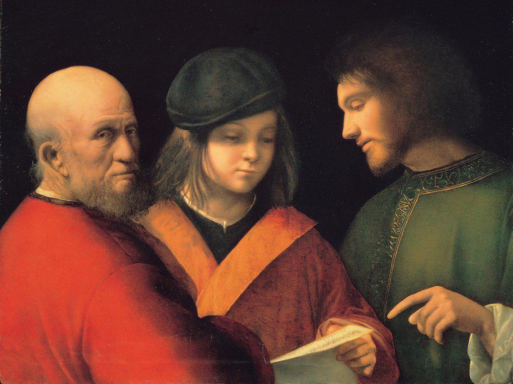 The Three Ages of Man (Reading a Song) by Giorgione (1476-1510)/ Palazzo Pitti, Florence/ c. 1501/ Italy, Venetian School/ Oil on canvas/ Renaissance/ 62x77/ Genre,Mythology, Allegory and Literature