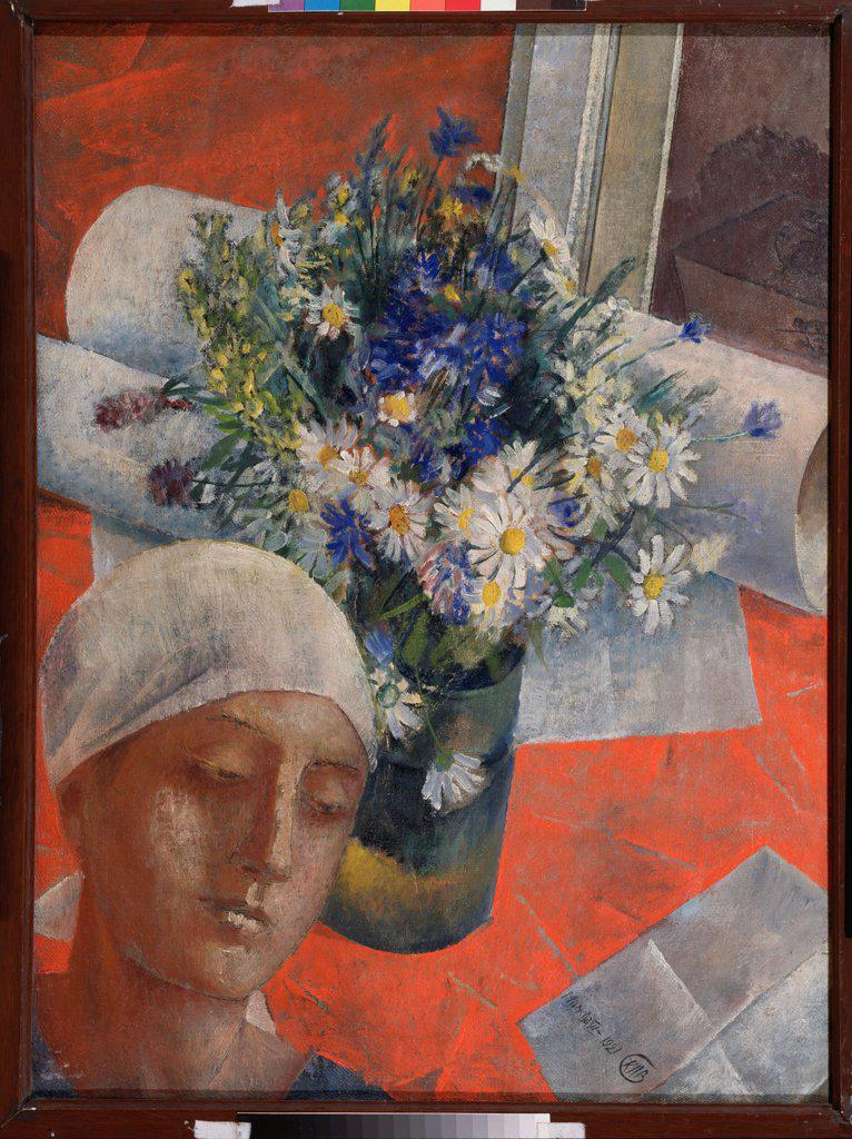 Flowers and a Woman's head by Petrov-Vodkin, Kuzma Sergeyevich (1878-1939)/ Private Collection/ 1921/ Russia/ Oil on canvas/ Russian Painting, End of 19th - Early 20th cen./ 63x52/ Still Life