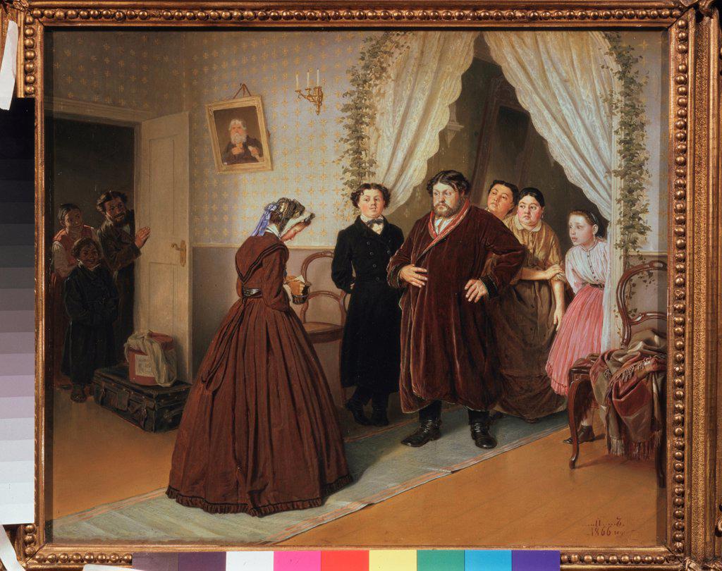Arrival of a Governess in a Merchant House by Perov, Vasili Grigoryevich (1834-1882)/ State Tretyakov Gallery, Moscow/ 1866/ Russia/ Oil on wood/ Russian Painting of 19th cen./ 44x53/ Genre