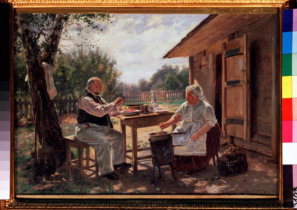 Jam cooking by Makovsky, Vladimir Yegorovich (1846-1920)/ State Tretyakov Gallery, Moscow/ 1876/ Russia/ Oil on canvas/ Russian Painting of 19th cen./ 33,9x49,5/ Genre