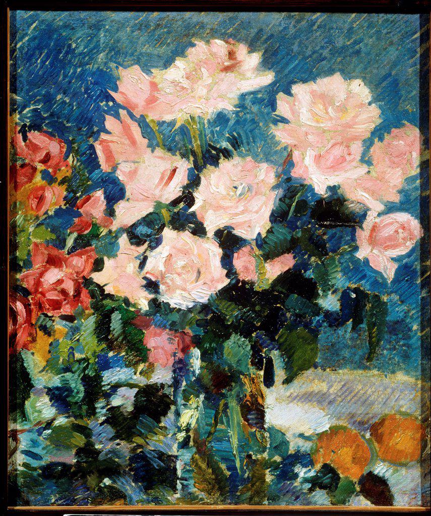 Roses by Korovin, Konstantin Alexeyevich (1861-1939)/ State Art Museum, Yaroslavl/ 1930s/ Russia/ Oil on canvas/ Postimpressionism/ 58x49/ Still Life