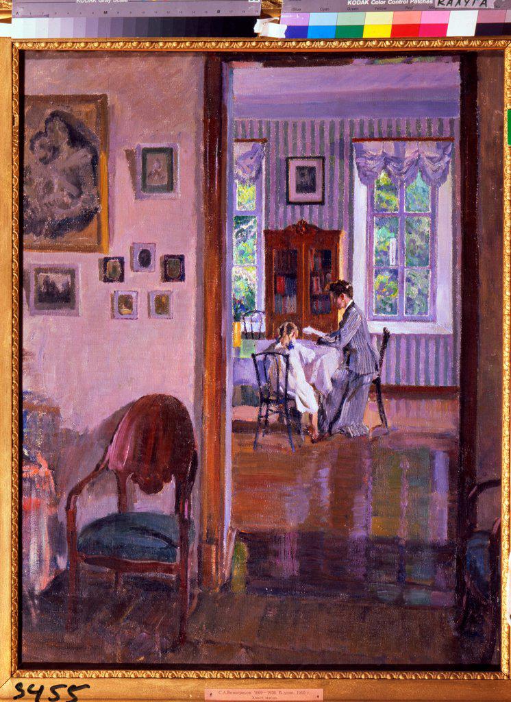 In a house by Vinogradov, Sergei Arsenyevich (1869-1938)/ Regional Art Museum, Kaluga/ 1910/ Russia/ Oil on canvas/ Russian Painting, End of 19th - Early 20th cen./ 87,5x70,5/ Architecture, Interior,Genre