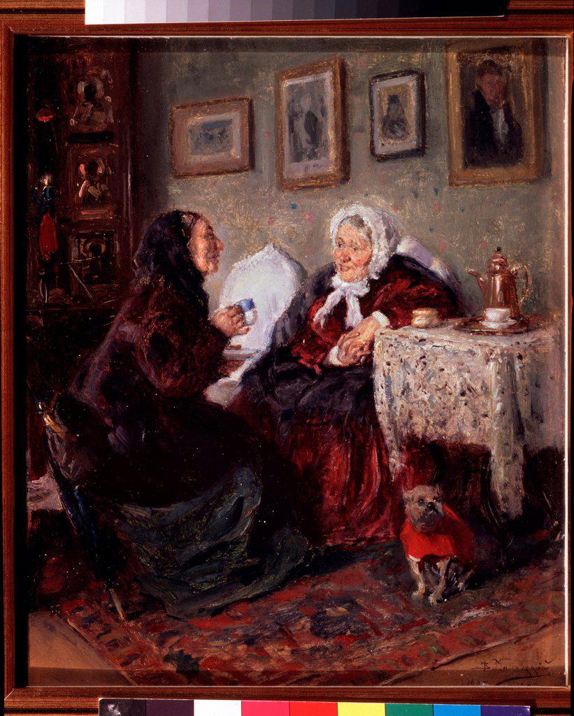 Tete-a-tete by Makovsky, Vladimir Yegorovich (1846-1920)/ State Tretyakov Gallery, Moscow/ 1909/ Russia/ Oil on canvas/ Russian Painting, End of 19th - Early 20th cen./ 32,4x28/ Genre