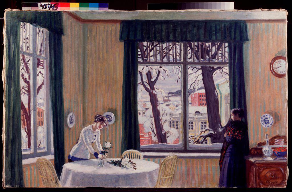 In the room. Winter by Kustodiev, Boris Michaylovich (1878-1927)/ State Regional I. Pozhalostin Art Museum, Ryasan/ 1915/ Russia/ Oil on canvas/ Russian Painting, End of 19th - Early 20th cen./ 71x115/ Genre