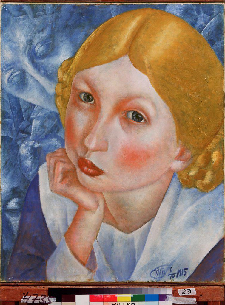 Portrait of Ria by Petrov-Vodkin, Kuzma Sergeyevich (1878-1939)/ Regional A. and V. Vasnetsov Art Museum, Kirov/ 1915/ Russia/ Oil on canvas/ Russian Painting, End of 19th - Early 20th cen./ 81x65,4/ Portrait