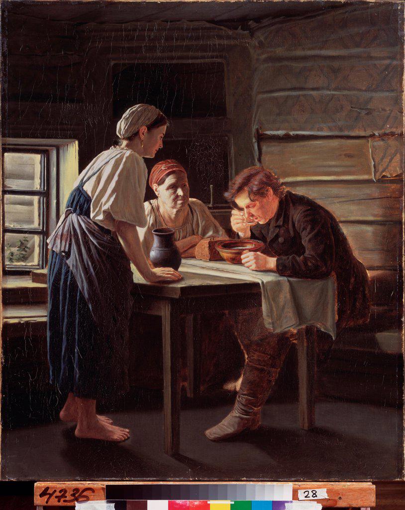 Pilgrim's Reception by Perov, Vasili Grigoryevich (1834-1882)/ Regional A. and V. Vasnetsov Art Museum, Kirov/ 1874/ Russia/ Oil on canvas/ Russian Painting of 19th cen./ 93x78/ Genre