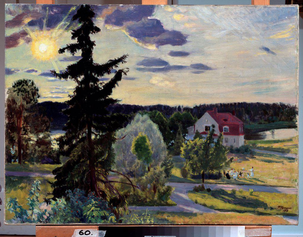 Evening landscape by Kustodiev, Boris Michaylovich (1878-1927)/ Regional Art Museum, Sumy/ 1917/ Russia/ Oil on canvas/ Russian Painting, End of 19th - Early 20th cen./ 54x71/ Landscape