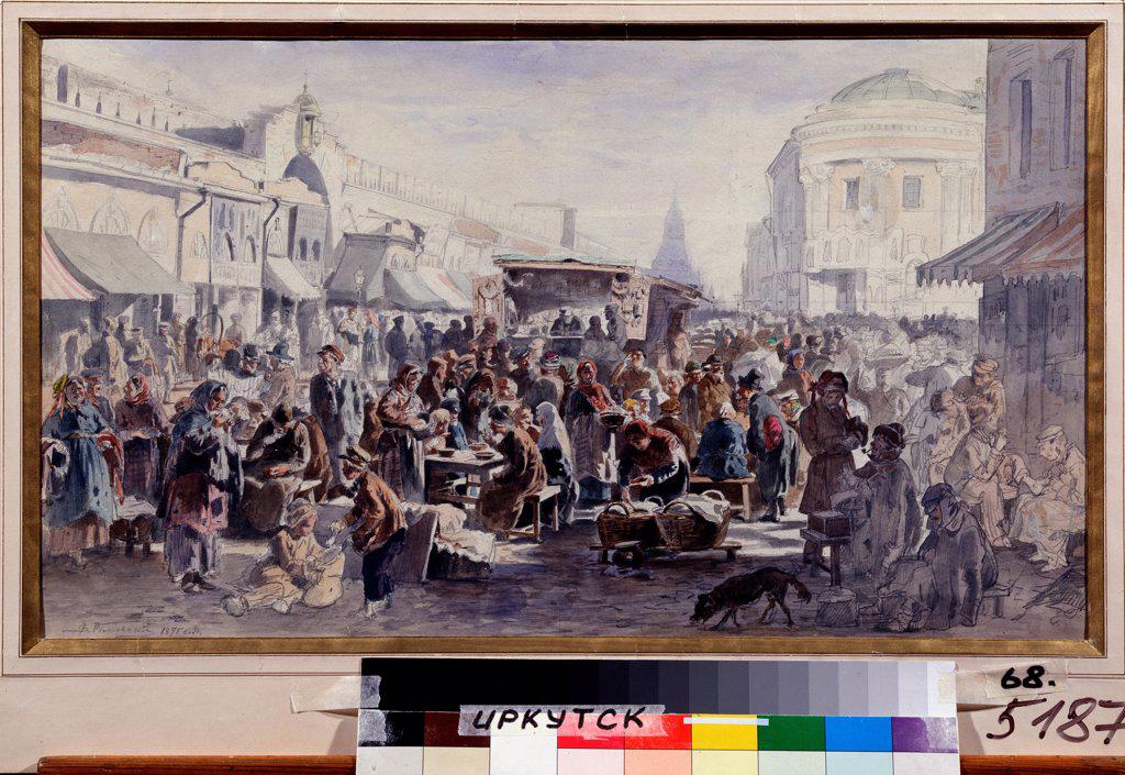 The Second Hand Market in Moscow by Makovsky, Vladimir Yegorovich (1846-1920)/ State Art Museum, Irkutsk/ 1875/ Russia/ Oil on canvas/ Russian Painting of 19th cen./ 37x65/ Genre