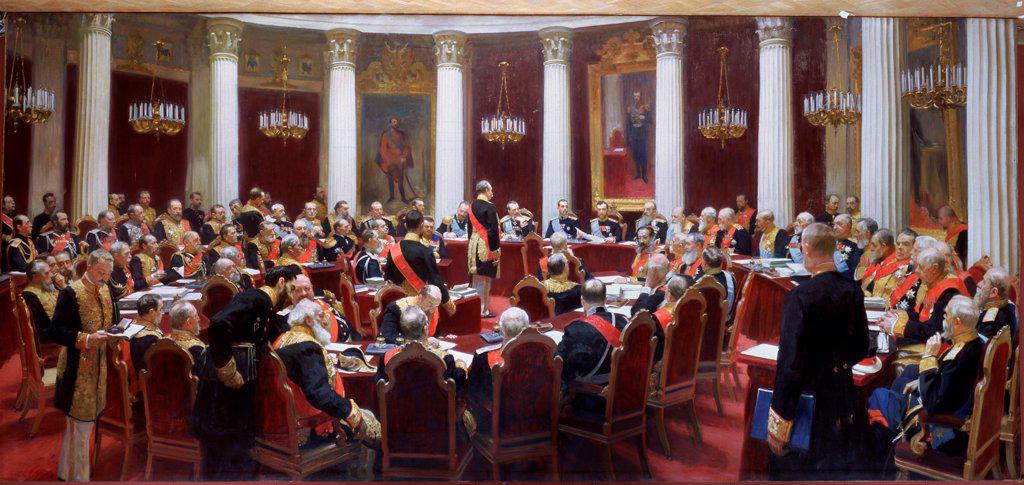 The Ceremonial sitting of the State Council on May 7, 1901 by Repin, Ilya Yefimovich (1844-1930)/ State Russian Museum, St. Petersburg/ 1901/ Russia/ Oil on canvas/ Russian Painting, End of 19th - Early 20th cen./ 40,5x88,5/ History