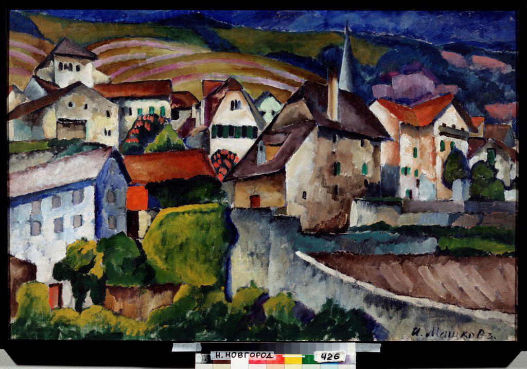 A Little Town in Switzerland by Mashkov, Ilya Ivanovich (1881-1958)/ State Art Museum, Nizhny Novgorod/ 1914/ Russia/ Oil on canvas/ Russian Painting, End of 19th - Early 20th cen./ 75,5x115,5/ Landscape