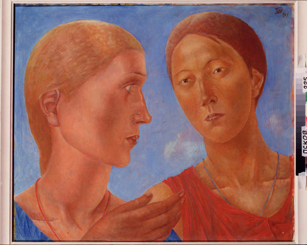 Two of them by Petrov-Vodkin, Kuzma Sergeyevich (1878-1939)/ State Open-air Museum of History, Architecture and Art, Pskov/ 1917/ Russia/ Oil on canvas/ Russian Painting, End of 19th - Early 20th cen./ 84x95/ Genre