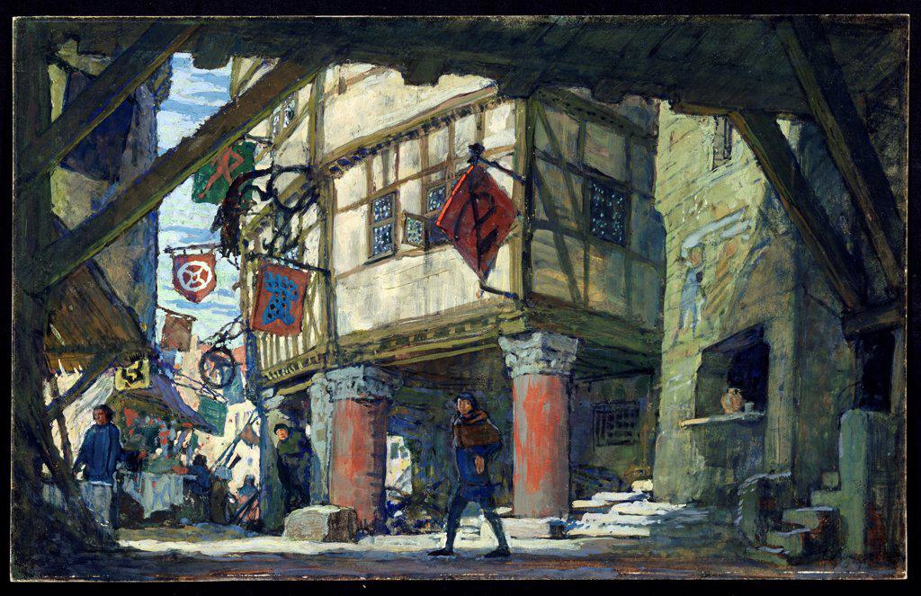 Stage design for the theatre play Fair at Indict of St Dyonysius by N. Yefreynov by Lanceray (Lansere), Evgeny Evgenyevich (1875-1946)/ State Central A. Bakhrushin Theatre Museum, Moscow/ 1907/ Russia/ Watercolour, Gouache on cardboard/ Theatrical scenic