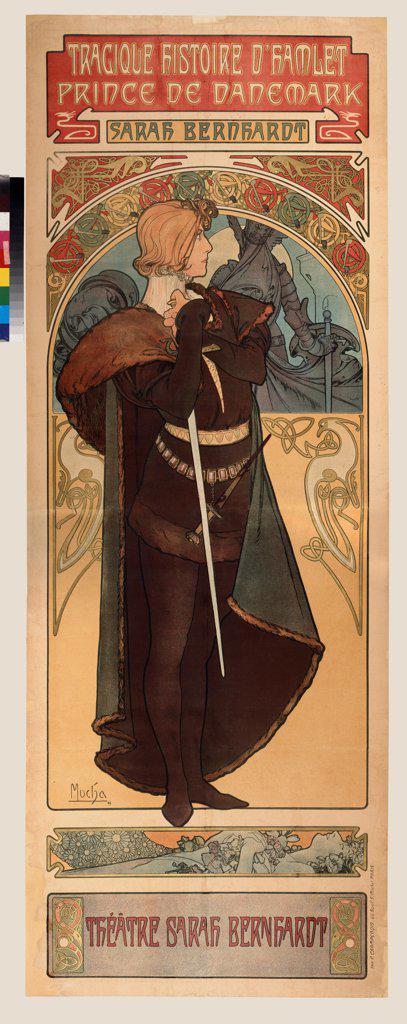 Poster for the theatre play Hamlet by W. Shakespeare in the Theatre Sarah Bernardt (Upper part) by Mucha, Alfons Marie (1860-1939)/ State A. Pushkin Museum of Fine Arts, Moscow/ 1899/ Czechia/ Colour lithograph/ Art Nouveau/ 200x70/ Opera, Ballet, Theatr