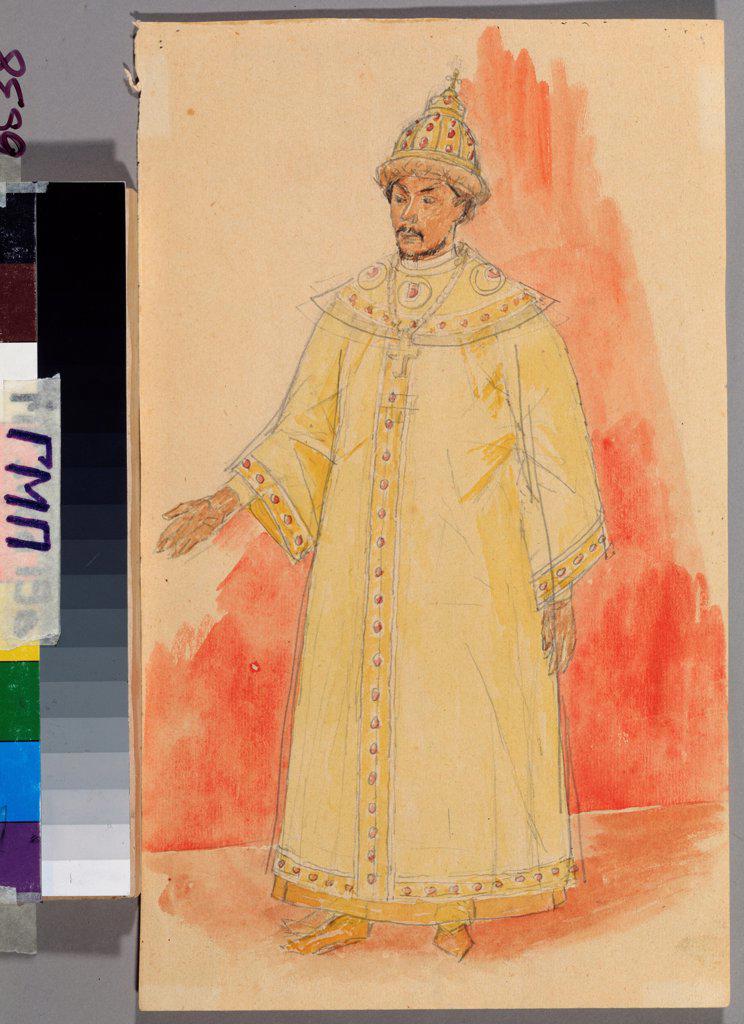 Costume design for the opera Boris Godunov by M. Musorgsky by Petrov-Vodkin, Kuzma Sergeyevich (1878-1939)/ A. Pushkin Memorial Museum, St. Petersburg/ 1923/ Russia/ Pencil, watercolour on paper/ Theatrical scenic painting/ 28,3x16,8/ Opera, Ballet, Thea
