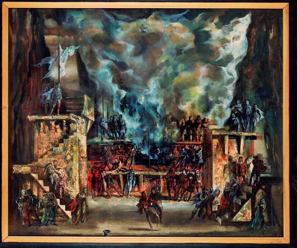 Stage design for the opera Otello by G. Verdi by Levental, Valeri Jakovlevich (*1938)/ State Tretyakov Gallery, Moscow/ 1980/ Russia/ Oil on canvas/ Theatrical scenic painting/ 105x120/ Opera, Ballet, Theatre