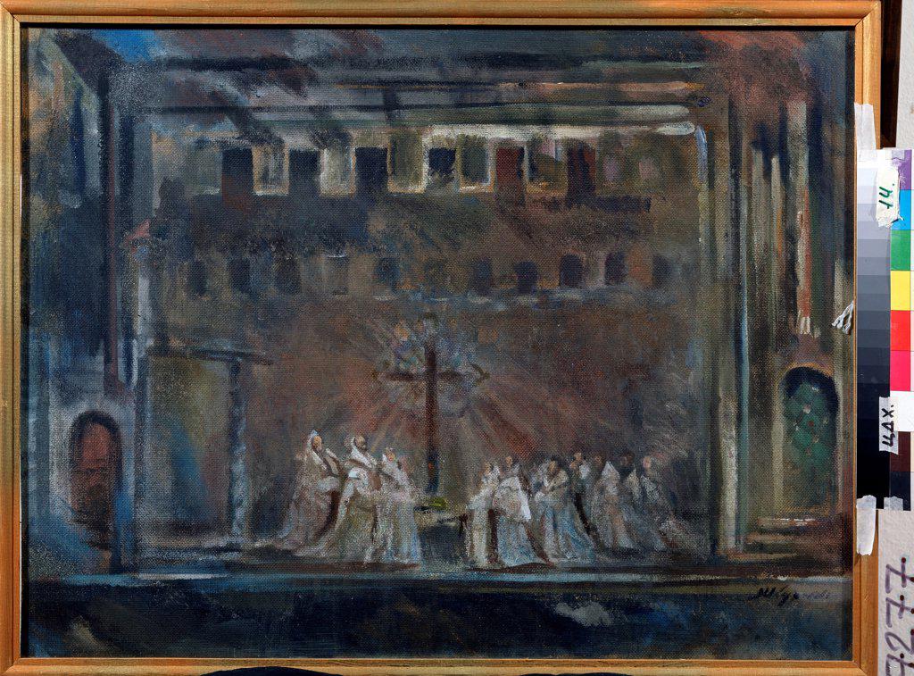 Stage design for the opera Tannhauser and the Singers' Contest on the Wartburg by R. Wagner by Kurilko-Ryumin, Mikhail Mikhaylovich (*1923)/ State Museum- and exhibition Centre ROSIZO, Moscow/ 2000/ Russia/ Tempera on playwood/ Theatrical scenic painting