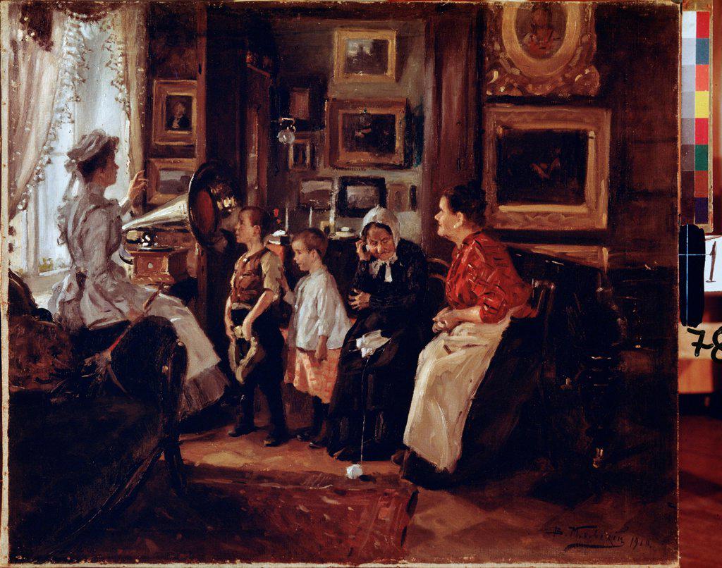 At the gramophone by Makovsky, Vladimir Yegorovich (1846-1920)/ F. Kovalenko Museum of Art, Krasnodar/ 1910/ Russia/ Oil on canvas/ Russian Painting, End of 19th - Early 20th cen./ 53x64/ Genre