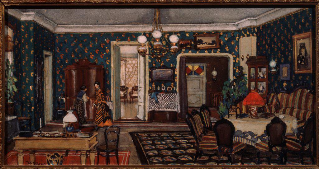 Stage design for the play Heart is not Stoun by A. Ostrovsky by Yuon, Konstantin Fyodorovich (1875-1958)/ Regional Art Museum, Simferopol/ Russia/ Gouache on cardboard/ Theatrical scenic painting/ 35,5x67,5/ Opera, Ballet, Theatre