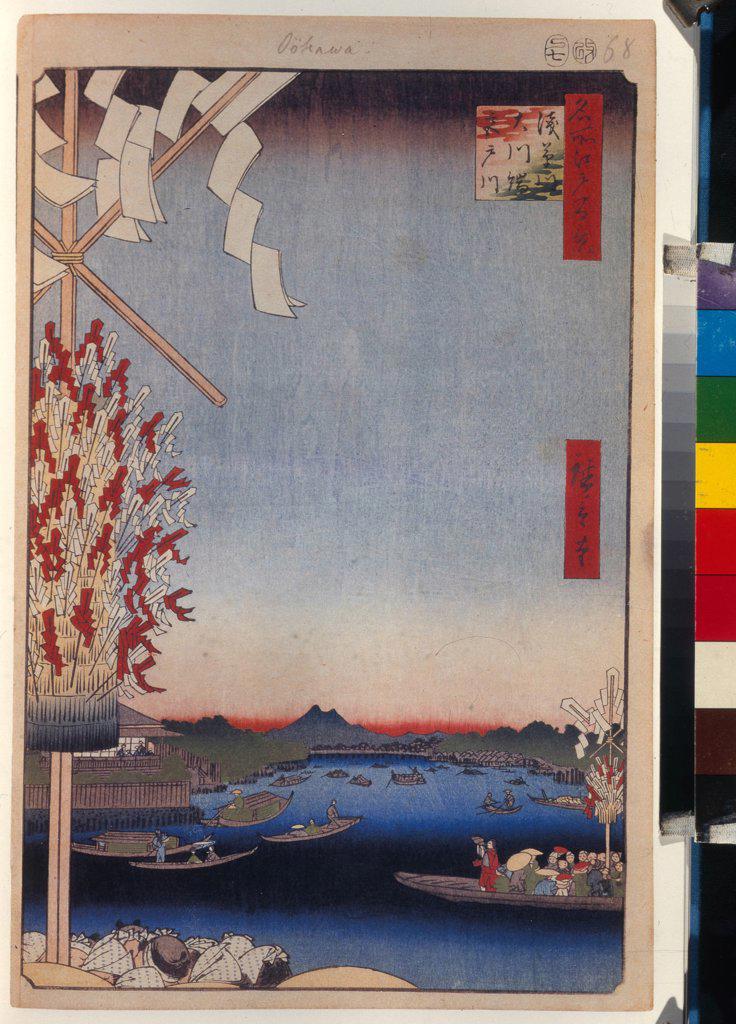 Asakusa River, Miyato River, Great Riverbank (One Hundred Famous Views of Edo) by Hiroshige, Utagawa (1797-1858) / State Hermitage, St. Petersburg / 1856-1858 / Japan / Colour woodcut / Landscape /