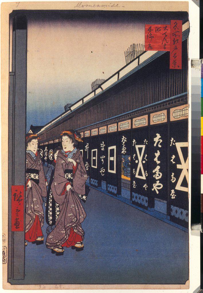 Shops with Cotton Goods in Odenma-cho (One Hundred Famous Views of Edo) by Hiroshige, Utagawa (1797-1858) / State Hermitage, St. Petersburg / 1856-1858 / Japan / Colour woodcut / Landscape /