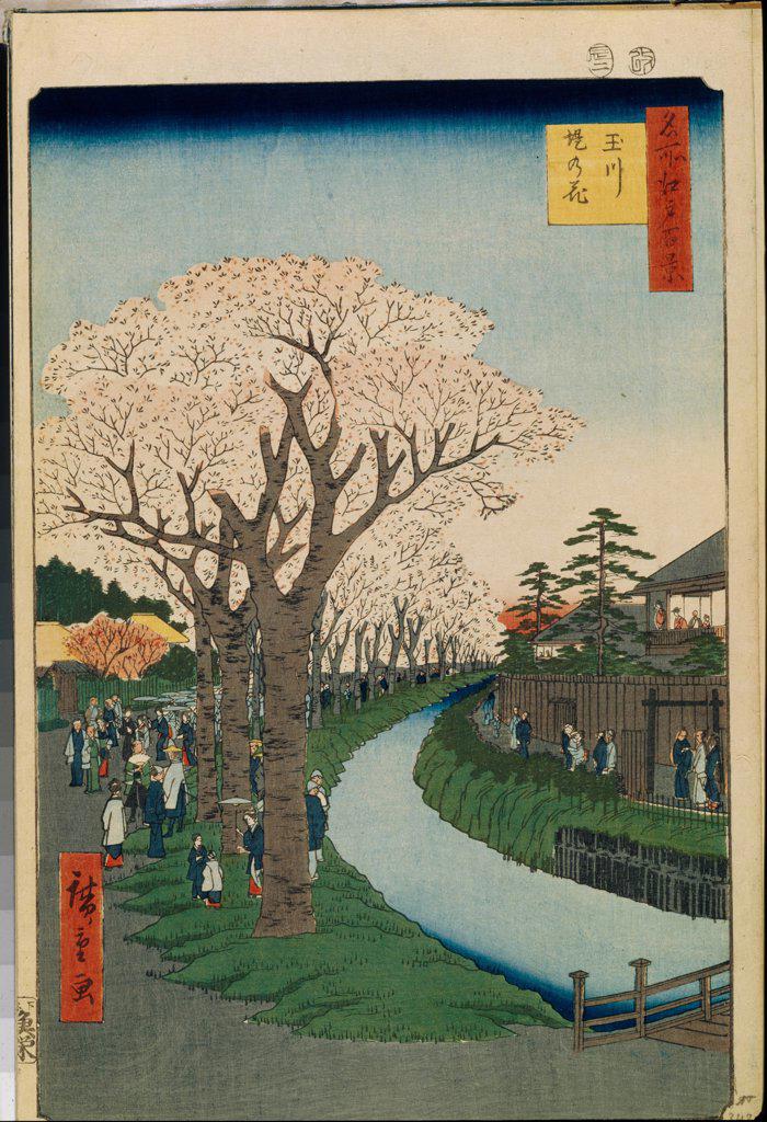 Cherry Blossoms on the Banks of the Tama River (One Hundred Famous Views of Edo) by Hiroshige, Utagawa (1797-1858) / State Hermitage, St. Petersburg / 1856-1858 / Japan / Colour woodcut / Landscape /