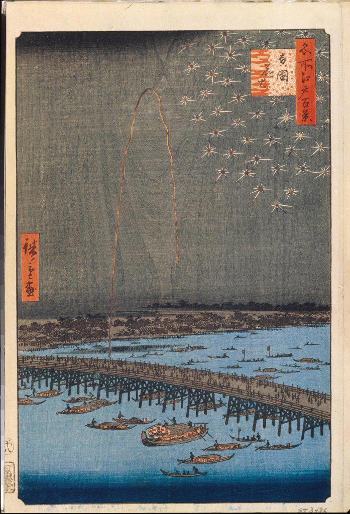 Fireworks by Ryogoku Bridge (One Hundred Famous Views of Edo) by Hiroshige, Utagawa (1797-1858) / State Hermitage, St. Petersburg / 1856-1858 / Japan / Colour woodcut / Landscape /