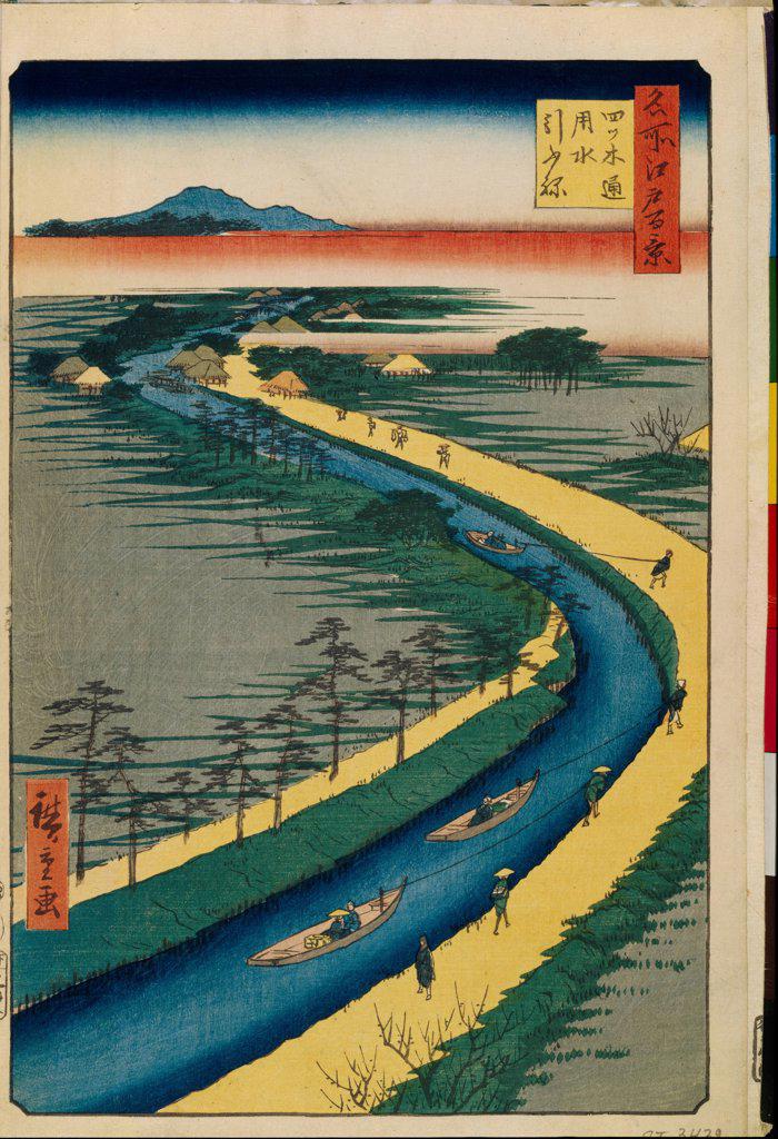 Towboats on the Yotsugi dori Canal (One Hundred Famous Views of Edo) by Hiroshige, Utagawa (1797-1858) / State Hermitage, St. Petersburg / 1856-1858 / Japan / Colour woodcut / Landscape /