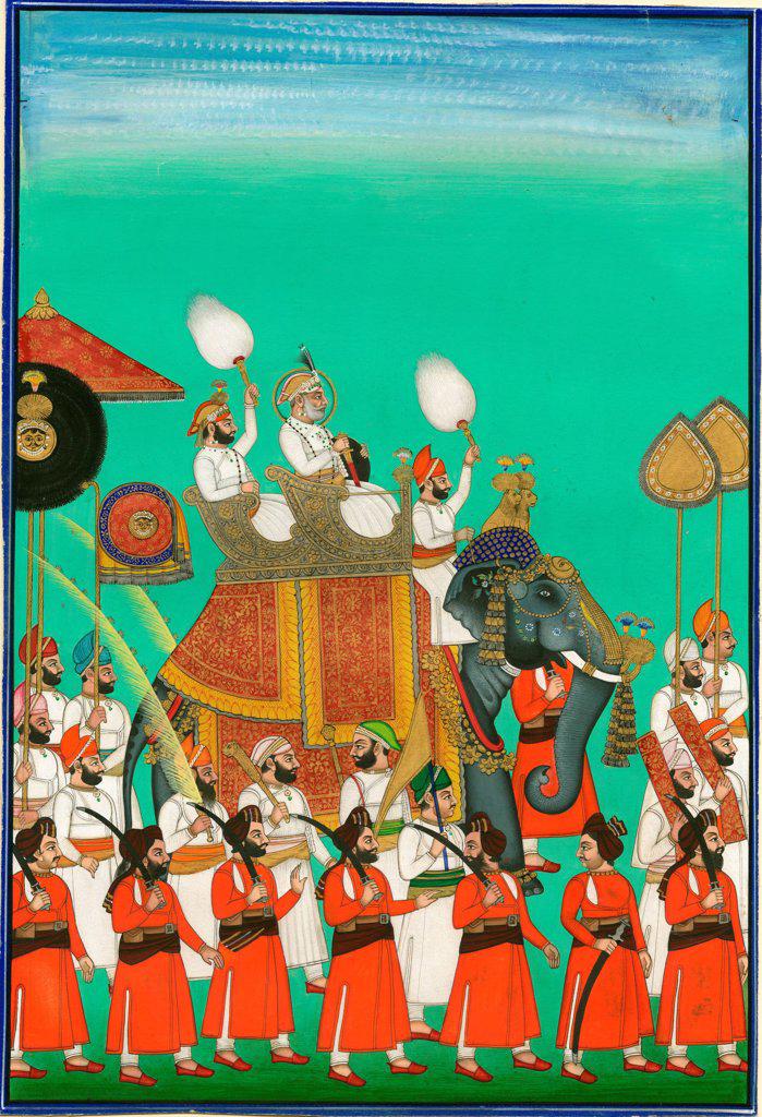 Rajah of Jodhpur Riding an Elephant by Indian Art   / Private Collection / c. 1780 / India, Mughal school / Gouache on paper / Genre / 40,4x27,6