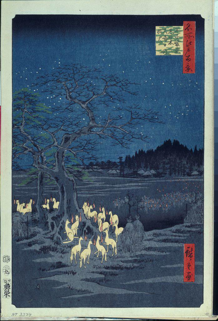 Fox Fires on New Year's Eve at the Garment Nettle Tree at Oji (One Hundred Famous Views of Edo) by Hiroshige, Utagawa (1797-1858) / State Hermitage, St. Petersburg / 1856-1858 / Japan / Colour woodcut / Landscape / 39x26
