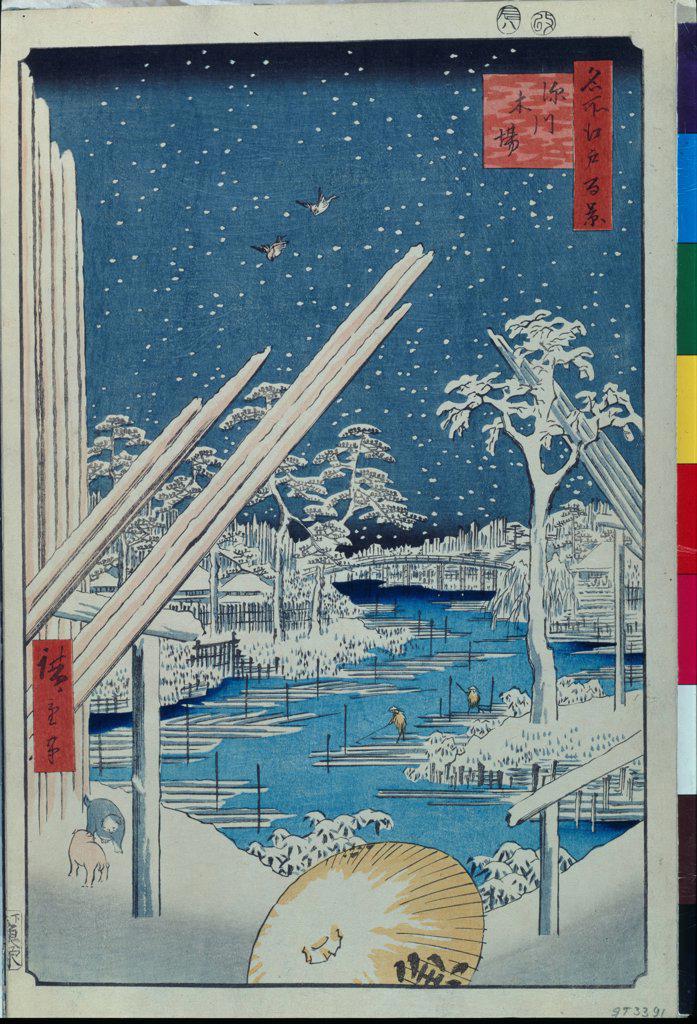 Lumberyards at Fukagawa (One Hundred Famous Views of Edo) by Hiroshige, Utagawa (1797-1858) / State Hermitage, St. Petersburg / 1856-1858 / Japan / Colour woodcut / Landscape / 39x26