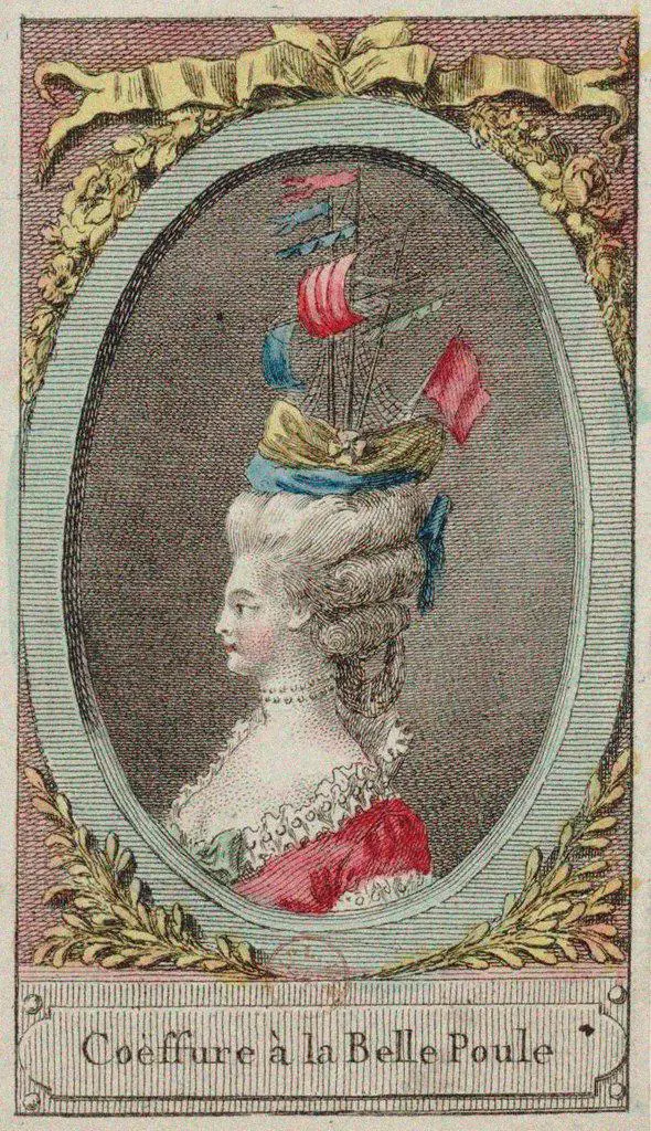 Coiffure a la Belle-Poule by Anonymous   / Private Collection / c. 1780 / France / Colour lithograph / Genre,History / Rococo