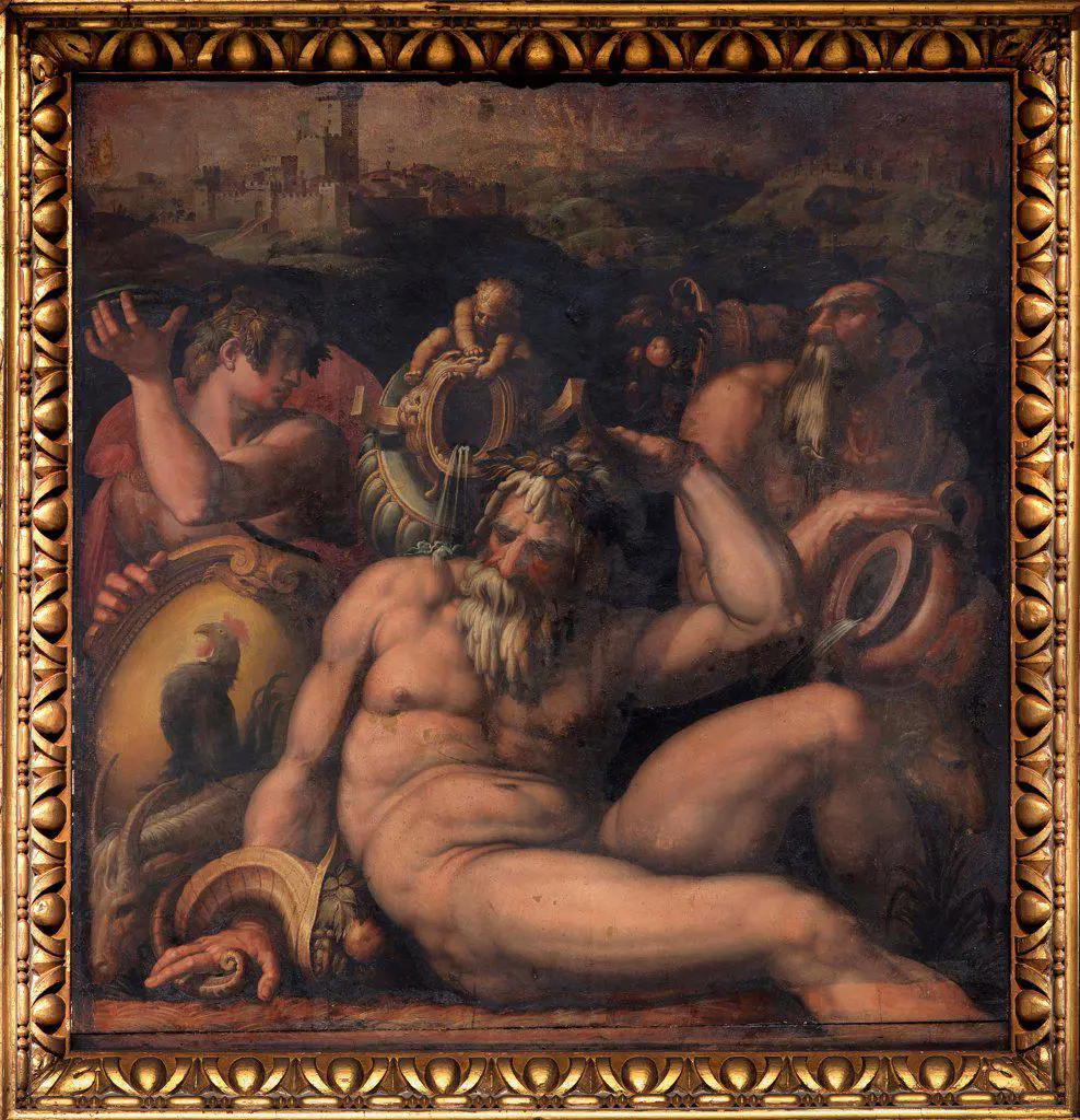 Allegory of Chianti by Vasari, Giorgio (1511-1574) / Palazzo Vecchio, Florence / 1563-1565 / Italy, Florentine School / Oil on wood / Mythology, Allegory and Literature / 250x250 / Mannerism