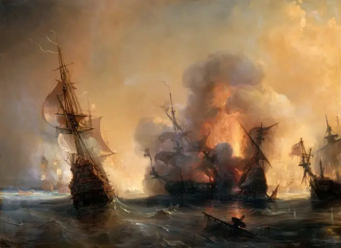 The Naval Battle of Lagos on 27 June 1693 by Gudin, Theodore (1802-1880) / Musee de l'Histoire de France, Chateau de Versailles / 1839 / France / Oil on canvas / History / 105x142 / Maritime art