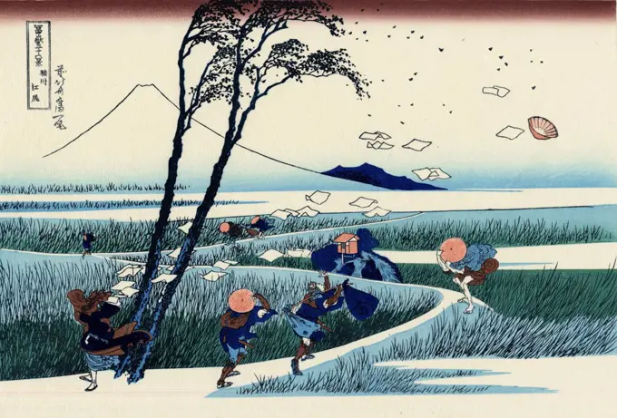 Flying papers by Katsushika Hokusai, color woodcut, 1830-1833, 1760-1849, Russia, Moscow, State A. Pushkin Museum of Fine Arts, 25x37
