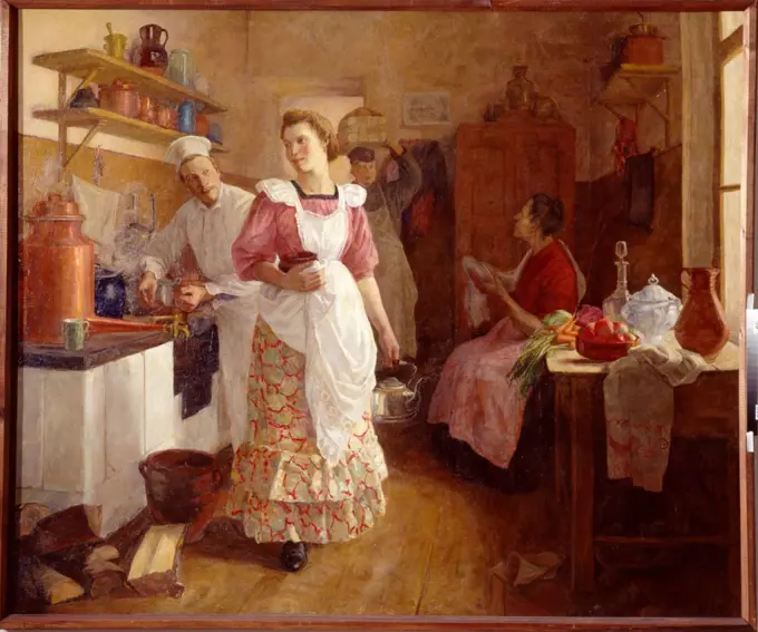 In the kitchen by Ivanova-Bronevskaya, Olga Vasilyevna (1878-?)  Museum of Fine Arts Academy, St. Petersburg  1913  Russia  Oil on canvas  Painting  Genre