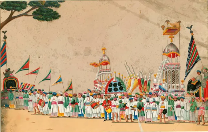 Festival procession by Indian Art   / Private Collection / c. 1800 / India, Mughal school / Gouache on paper / Genre / 15x23,7