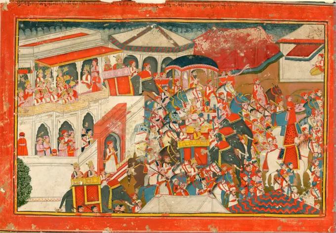 Krishna and Balarama setting off from a palace by Indian Art   / Private Collection / c. 1840 / India, Rajput painting (Rajasthani) / Gouache on paper / Mythology, Allegory and Literature / 30,4x43,7
