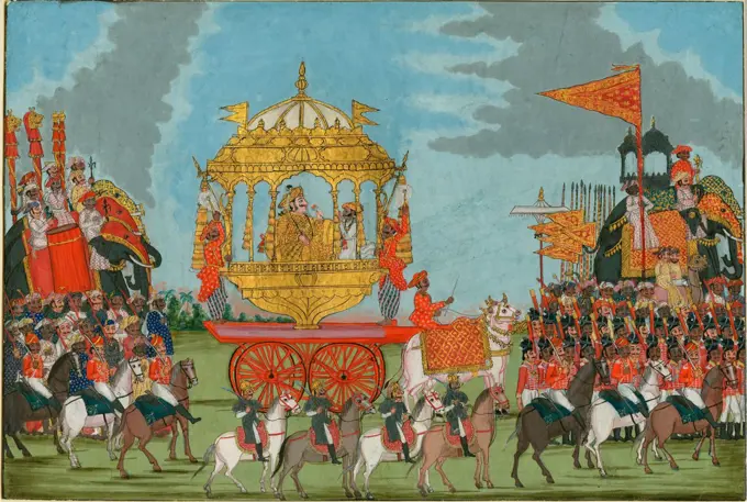 Rajah of Tanjore Riding an Elephant to a marriage ceremony by Indian Art   / Private Collection / c. 1780 / India, Mughal school / Gouache on paper / Genre / 23,4x34,8