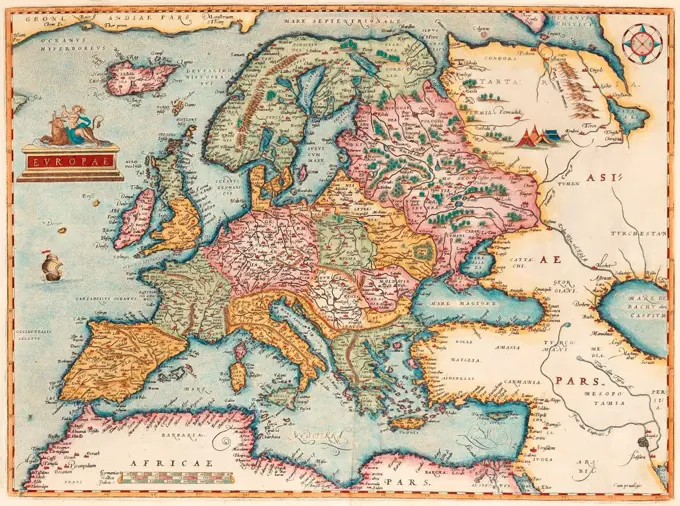 Europae (From: Theatrum Orbis Terrarum) by Ortelius, Abraham (1527-1598) / Private Collection / 1579 / The Netherlands / Copper engraving, watercolour / History / 34x45,7 / Cartography